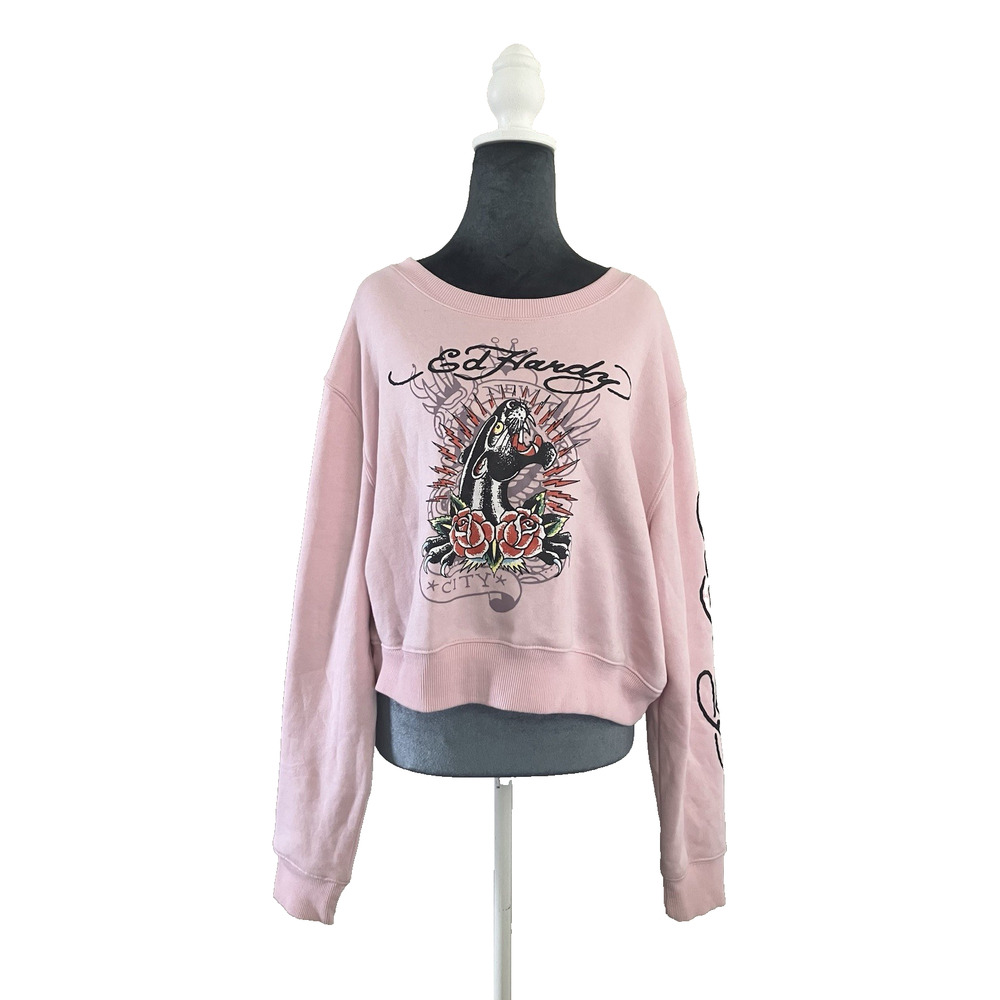 Ed Hardy Panther Rose Candy Pink Cropped Sweatshirt Women's Logo Long Sleeve XL